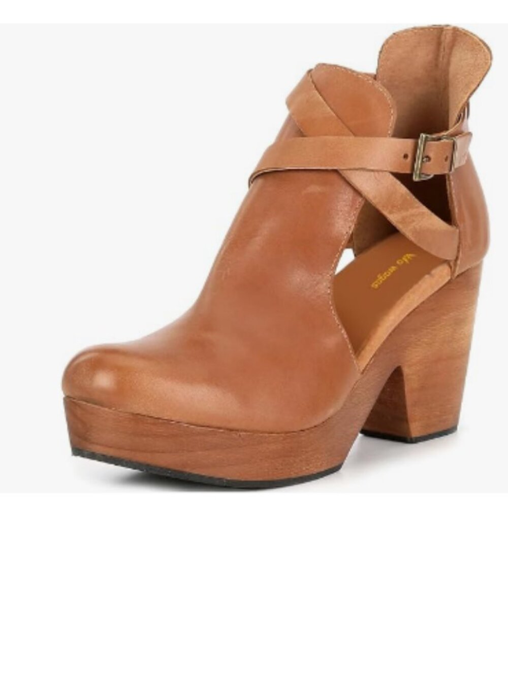 Brown Womens Platform Rounded Toe Cutout Strap Buckle Cork Block Heel Ankle Boot